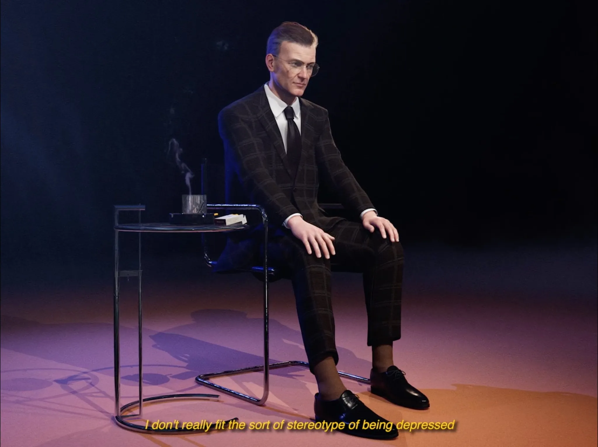 The same person sitting on a chair next to a side table with burning cigarettes, wearing a checked suit. The quote says 'I don't really fit the sort of stereotype of being depressed'.