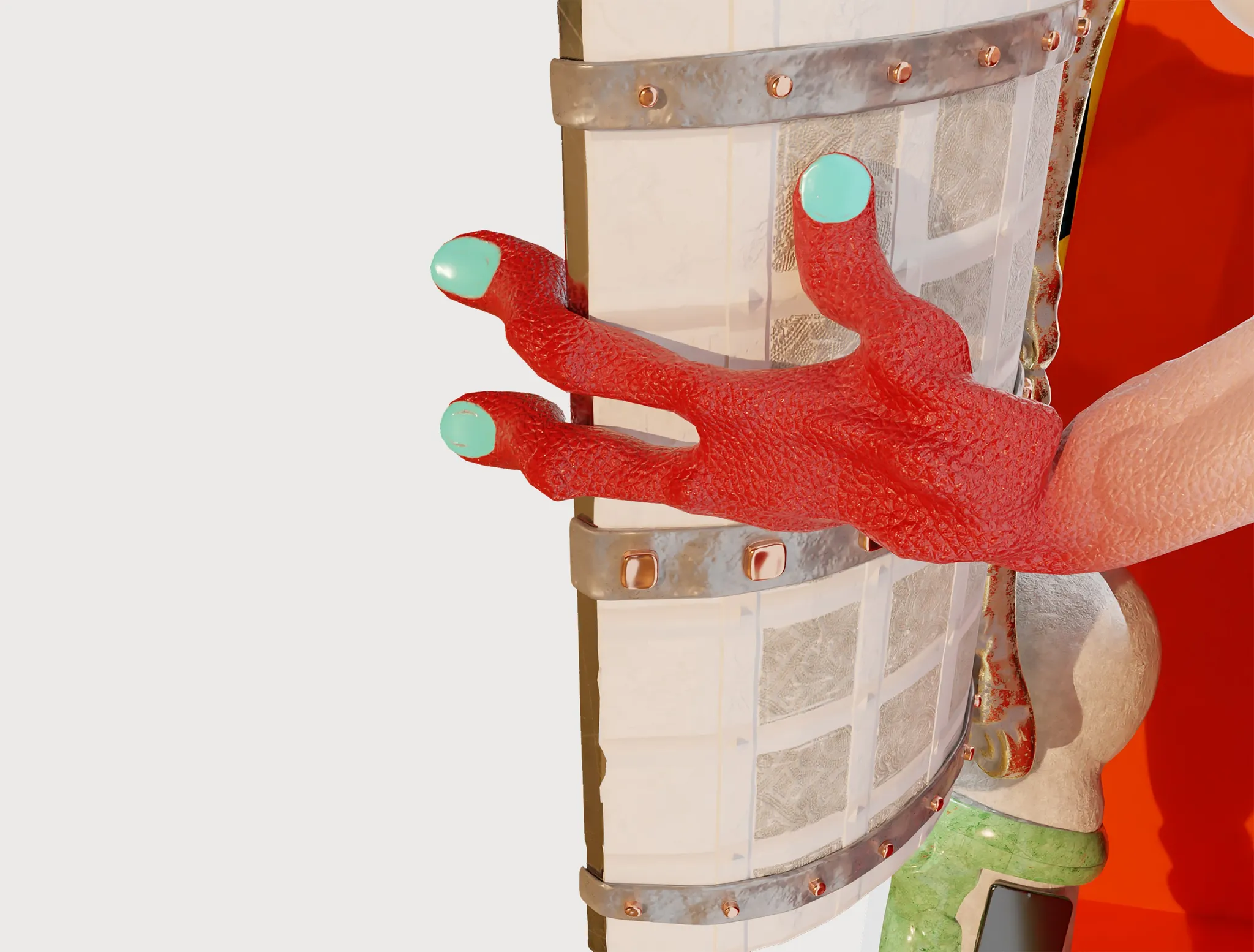 a red hand with three fingers opening a studded door