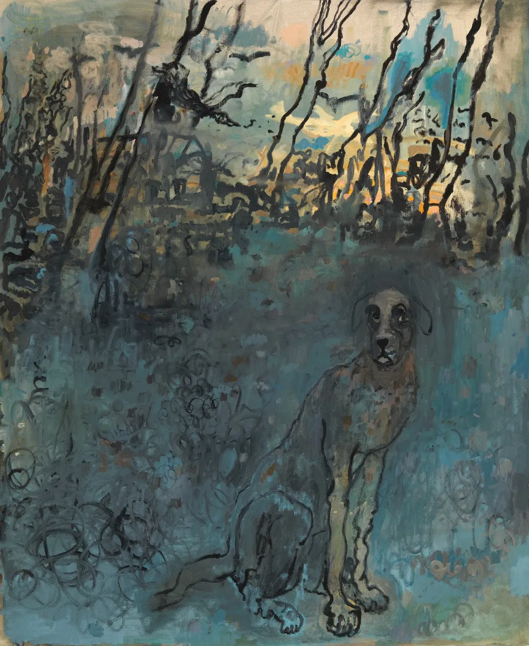 Painting of a dog sitting in front of surrounded by blueish vegetation at dusk/ dawn