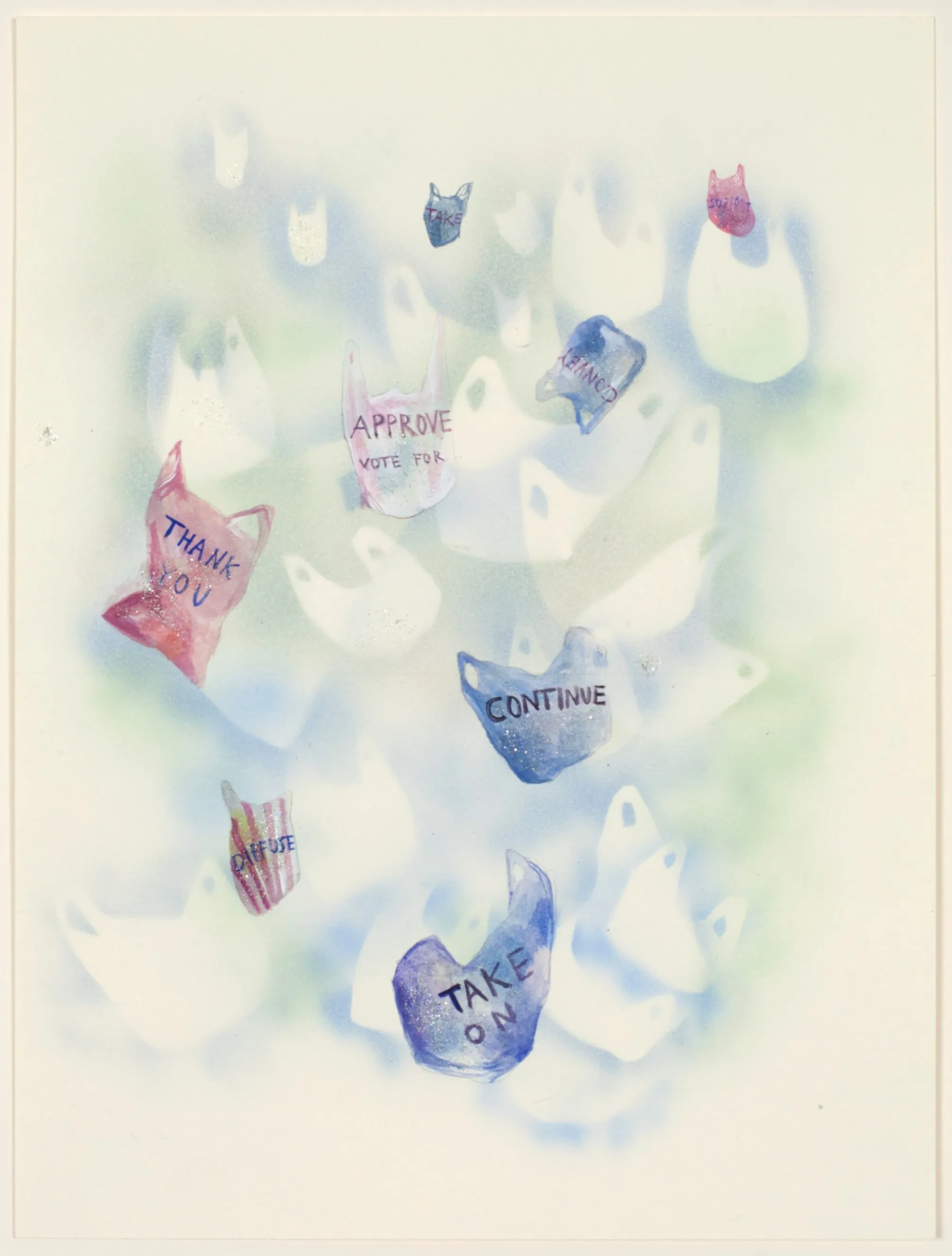 A drawing of red and blue plastic shopping bags falling down, with words like 'Continue' and 'Thank you' written on them.