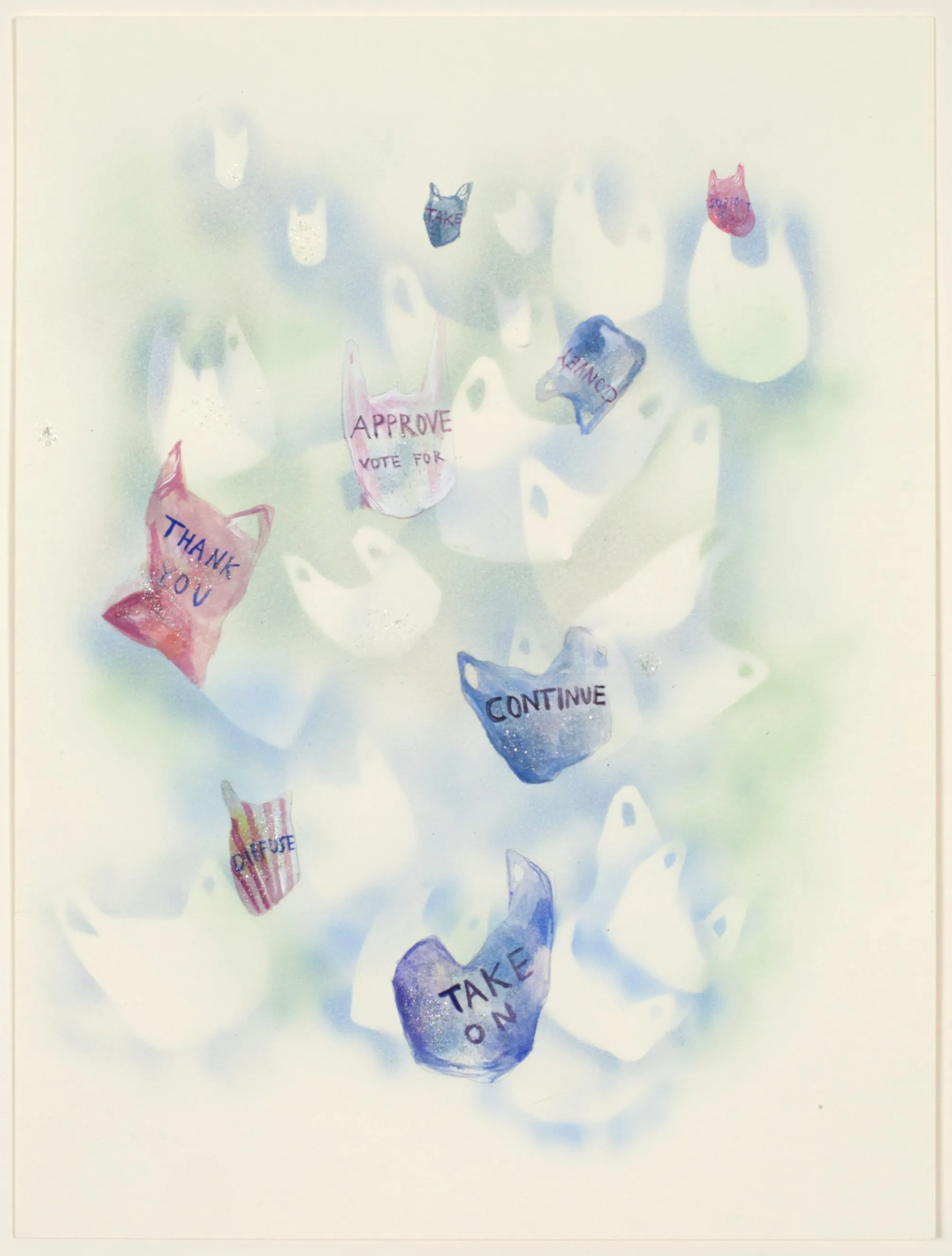 Een tekening van rode en blauwe plastic boodschappentassen die naar beneden vallen, met woorden zoals 'Doorgaan' en 'Dank je' erop geschreven.